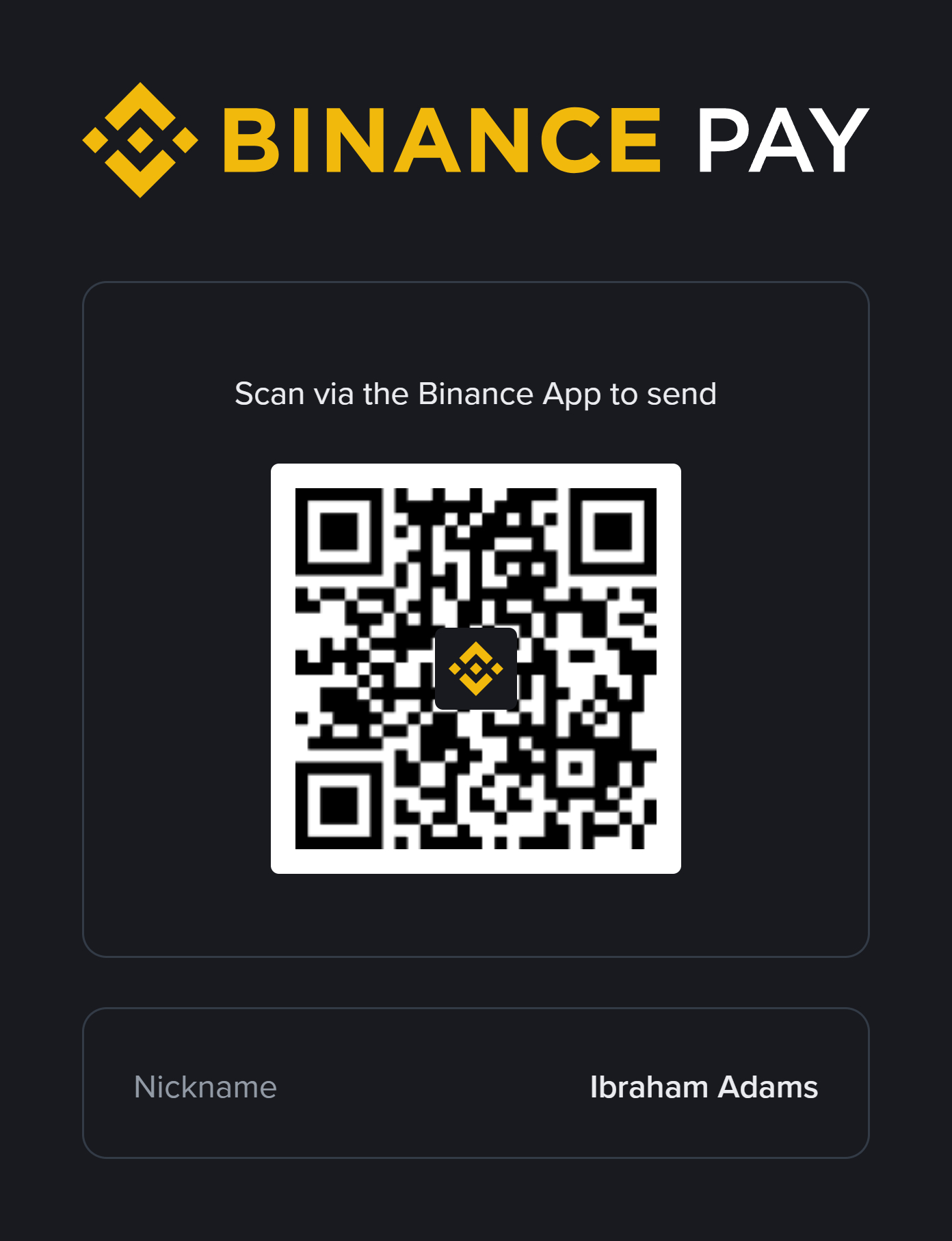Binance Pay QR code to send USDT to Ibraham Adams